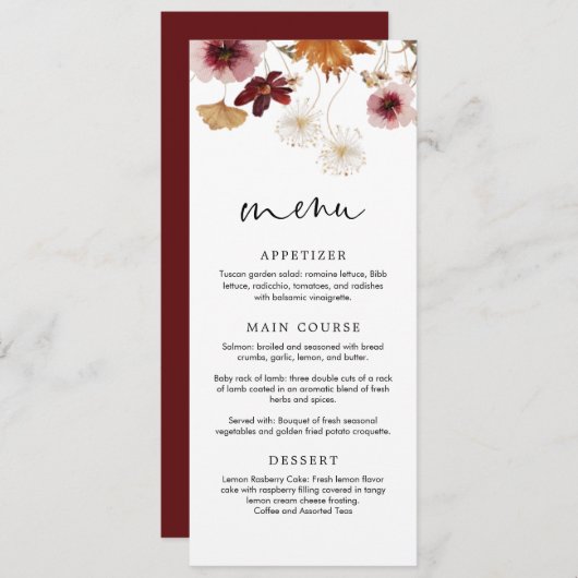 Bourgondisch herfst boho bloemig huwelijksmenu kaa kaart (Voorkant / Achterkant)