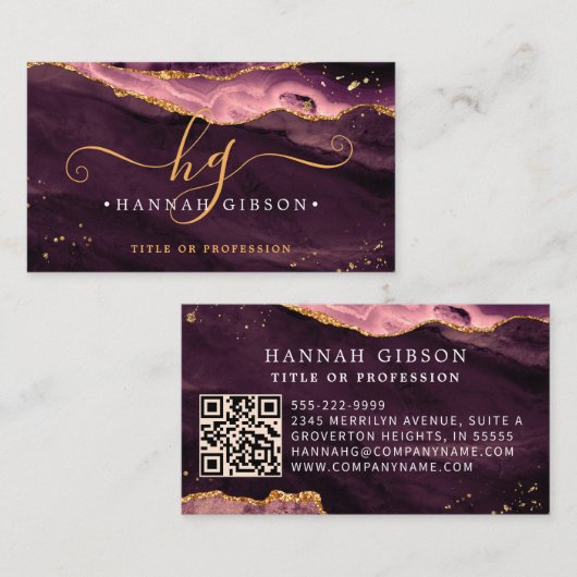 Bourgondische agaat-scriptmonogram QR-code Visitekaartje (Voorkant / Achterkant)