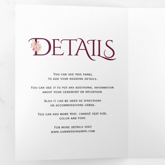 Bourgondische ampersand met roze rozen bruiloft drieluik uitnodiging (Binnenzijde eerst)