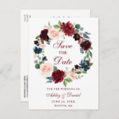 Bourgondische blauwe bloemenkrans Save the Date Aankondigingskaart (Voorkant / Achterkant)