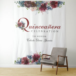 Bourgondische blauwe bloemige Quinceanera-fotoback Wandkleed