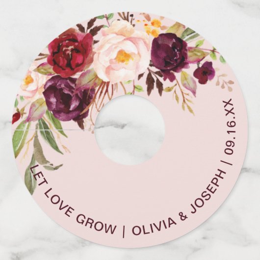 Bourgondische bloem roze bruiloft wijnglaslabel (Voorkant)