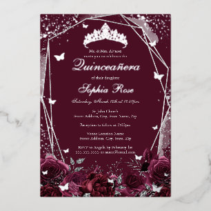 Bourgondische Bloem Tiara Zilver Quinceanera Folie Uitnodiging