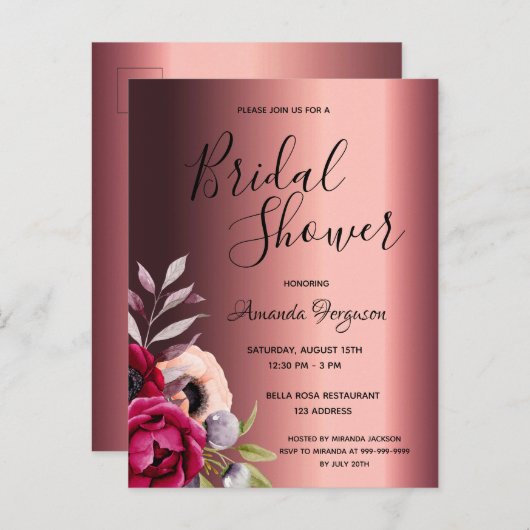 Bourgondische bloemen bruids douche uitnodiging (Voorkant / Achterkant)
