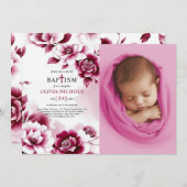 Bourgondische bloemen en waterverf meisje doopsel kaart (Voorkant / Achterkant)