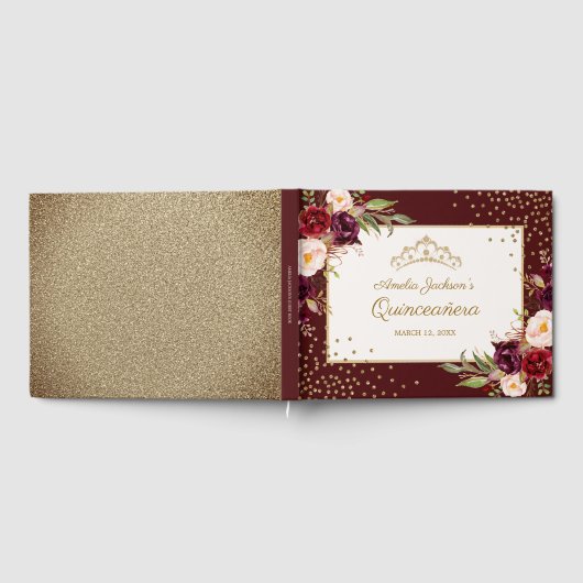 Bourgondische bloemen Sparkle Quinceanera Guest Bo Gastenboek (Volledig)