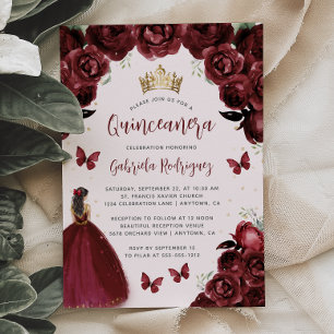 Bourgondische bloemenaquarel prinses Quinceañera Kaart