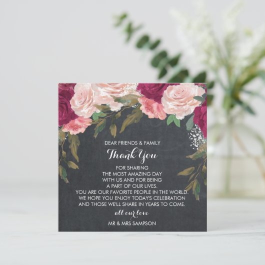 Bourgondische bloemenbruiloft dank u receptie kaar bedankkaart (Staand voorkant)