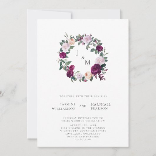 Bourgondische bloemenbruiloft thema elegant monogr kaart (Voorkant)