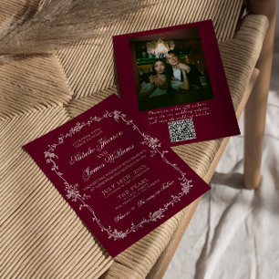Bourgondische bloemencode QR-fotobruiloft Kaart