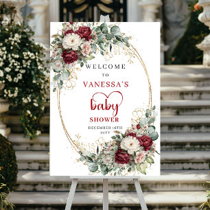 Bourgondische bloemengouden babyshower-welkomstbor poster
