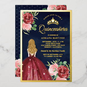 Bourgondische bloemenjurk Navyblauw Quinceanera Go Folie Uitnodiging