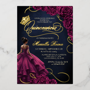Bourgondische bloemenjurk Quinceañera Folie Uitnodiging