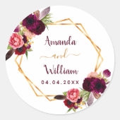 Bourgondische bloemetjes geometrische bruiloft boh ronde sticker (Voorkant)