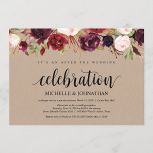 Bourgondische bloemige 'Elopement Reception' Kraft Kaart