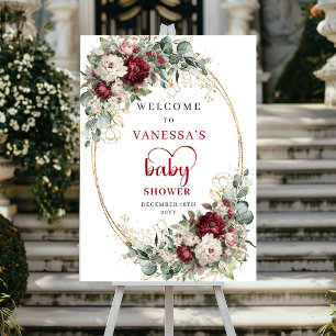 Bourgondische bloemige groene baby shower welkomst poster