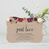 Bourgondische bloemige trouwreceptie Kraft uitnodi Kaart (Staand voorkant)