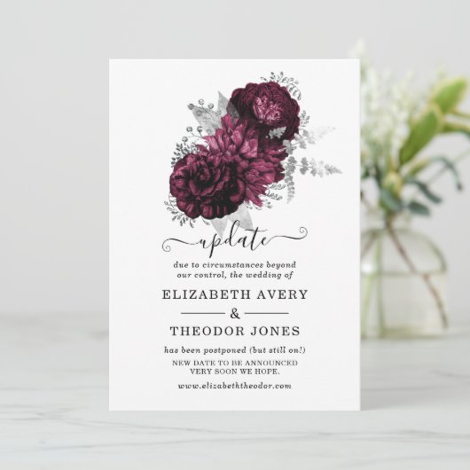 Bourgondische bloemige trouwupdate uitnodiging (Staand voorkant)