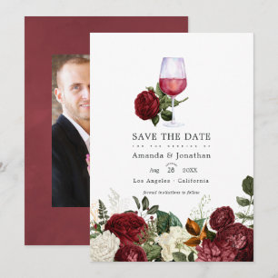 Bourgondische bloemige wijnproeverij trouwfoto save the date