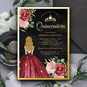 Bourgondische bloemjurk zwart Quinceanera goud Folie Uitnodiging