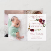 Bourgondische bloemrijke roze gouden geboortekaart aankondiging (Voorkant / Achterkant)