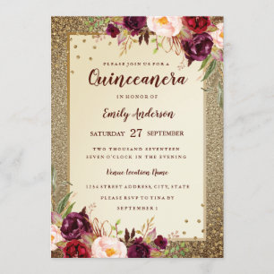 Bourgondische bloemrijke Sparkle Gold Quinceanera Kaart