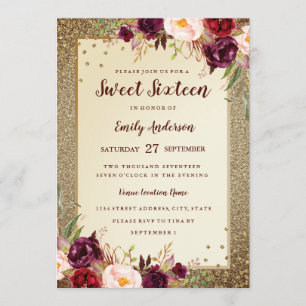 Bourgondische bloemrijke Sparkle Gold Sweet Sixtee Kaart