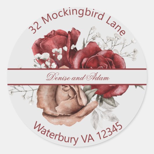 Bourgondische Blos & Witte Rozen Ronde Sticker (Voorkant)