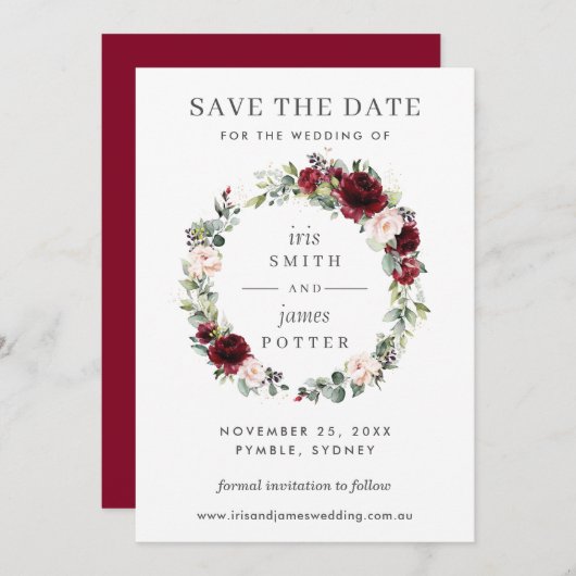 Bourgondische Blush Bloemen Bruiloft Save the Date Kaart (Voorkant / Achterkant)
