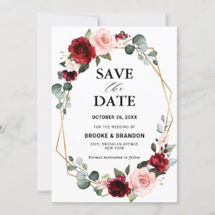 Bourgondische Blush Bloemrijke Moderne Geometrisch Save The Date
