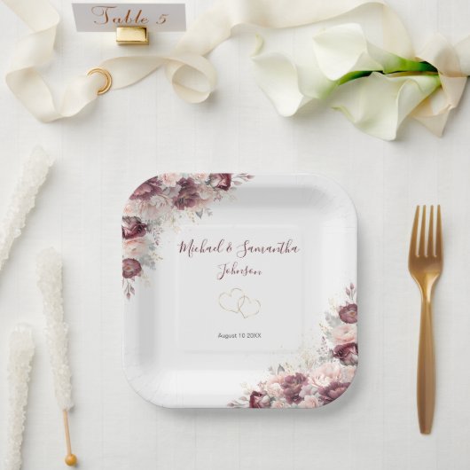 Bourgondische Blush Pioen en Rozen Bruiloft Papieren Bordje (Huwelijk)