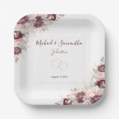 Bourgondische Blush Pioen en Rozen Bruiloft Papieren Bordje (Voorkant)