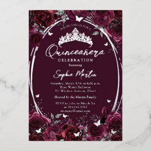 Bourgondische Boeiende Bloem Vlinder Quinceanera Folie Uitnodiging