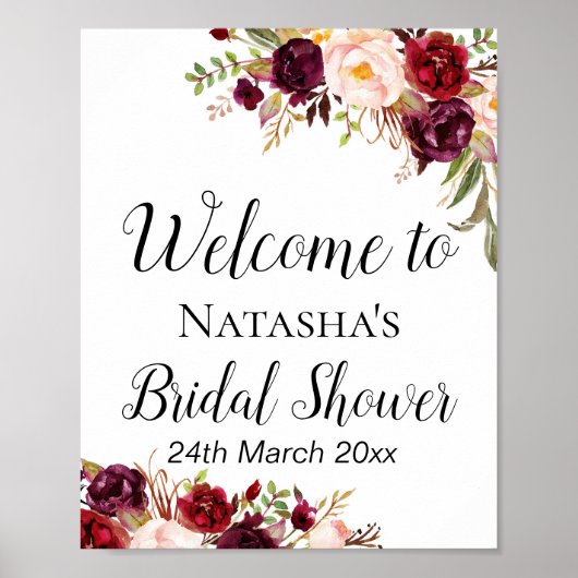 Bourgondische Boho Bloemen Bord - Welkom Bord Poster (Voorkant)