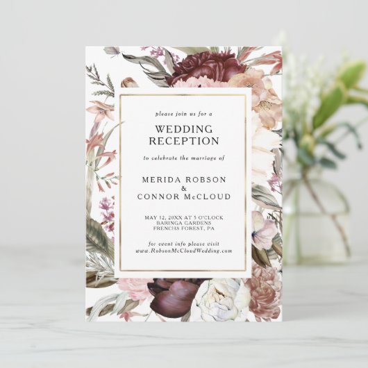 Bourgondische Boho Bloemen Bruiloftsreceptie Uitno Kaart (Staand voorkant)