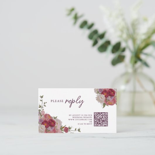 Bourgondische bosbloem en verlaat bruiloft RSVP Informatiekaartje (Staand voorkant)