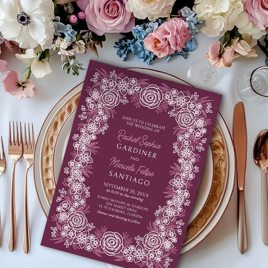 Bourgondische botanische bloemenbruiloft kaart