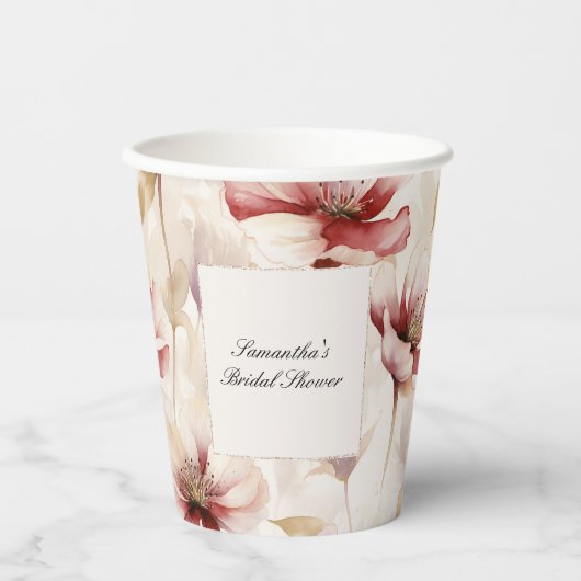 Bourgondische Crème Bloemrijke Bruids-Shower Papieren Bekers (Voorkant)