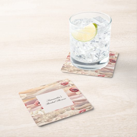 Bourgondische Crème Blush Bloemrijke Bruiloft Borr Vierkante Kartonnen Onderzetter (Insitu)