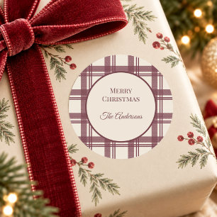Bourgondische Crème Tartan Kerstmis Ronde Sticker
