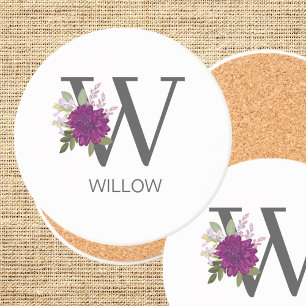 Bourgondische dahlia bloemalfabet letter monogram zandsteen onderzetter