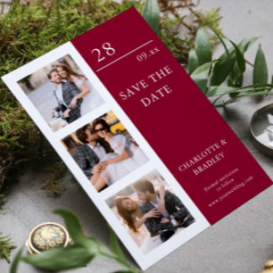 Bourgondische drie foto's moderne trouwkaart save the date