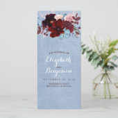Bourgondische en Dusty Blue bruiloft programma's (Staand voorkant)