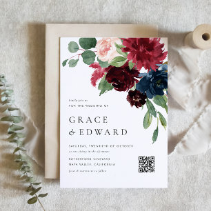 Bourgondische en Navy Blauwe Bloemen QR Code Bruil Magnetische Uitnodiging
