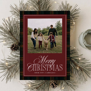 Bourgondische Fluwelen Tartan Een Foto Kerstkaart Kaart