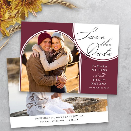 Bourgondische gebogen foto bruiloft kalligrafie save the date