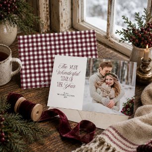 Bourgondische Gingham Huwelijksfoto met Kerst Feestdagenkaart