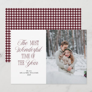 Bourgondische Gingham Huwelijksfoto met Kerst Feestdagenkaart