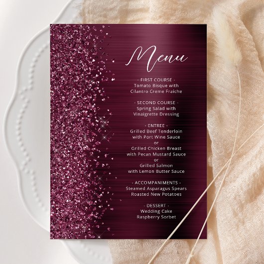 Bourgondische glam glitter script bruiloft menu