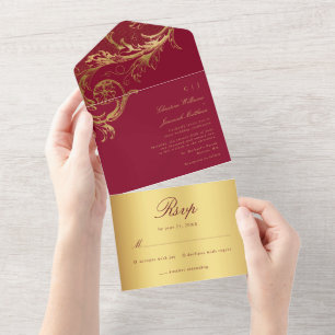 Bourgondische gouden Damask Calligraphy Wedding All In One Uitnodiging